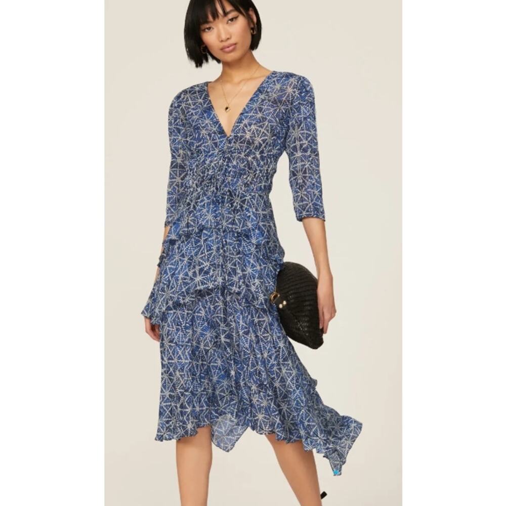 Maje Rufflani Ruffled 3/4 sleeve blue Midi Dress size 38 4/6 Medium